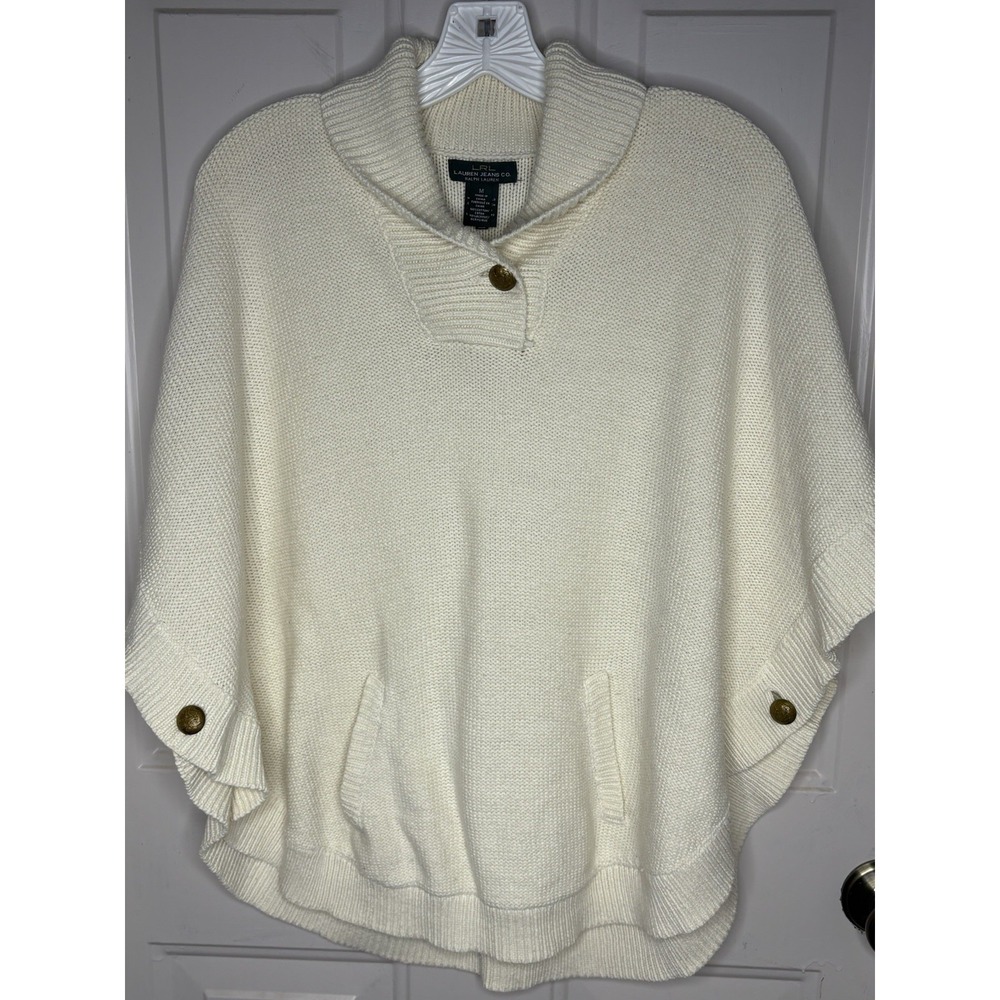 LRL Ralph Lauren Women's M Ivory Shawl Collar Sweater Poncho Classic Coastal - Picture 2 of 11
